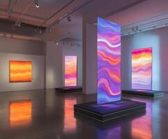 Modern art exhibit showcasing vibrant light installations photo