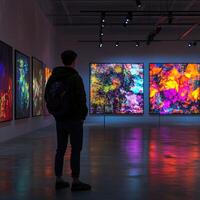 Art lover explores vibrant abstract gallery at night photo
