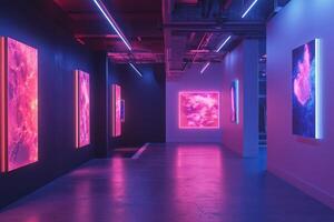 Illuminated art gallery featuring vibrant abstract displays photo