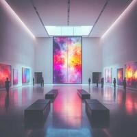 Visitors admire colorful abstract art in a modern gallery photo