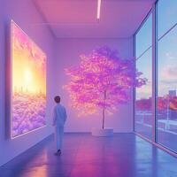 A man looking at a painting of a tree in an art gallery photo
