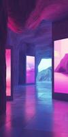 Colorful digital displays in artistic cave interior photo