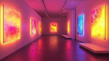 Bright abstract art installation in modern gallery setting photo