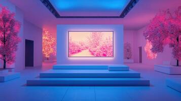 Modern exhibition space with vibrant lighting and artwork photo