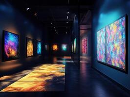 Art gallery with colorful paintings on the walls photo