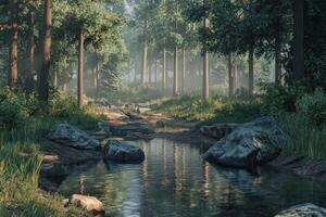 Tranquil forest scene with a serene stream and sunlight photo