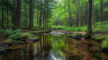 Serene forest landscape with a tranquil stream in spring photo