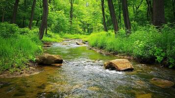 Serenity of a flowing stream through lush green forest photo