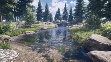 Tranquil forest landscape with clear water and rocks photo