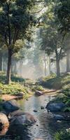 Serenity of a misty forest stream at dawn photo