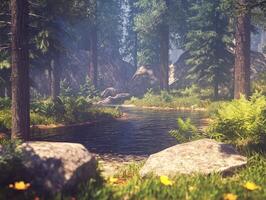 Peaceful forest scene with a calm pond surrounded by rocks photo