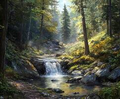 Waterfall flowing through a serene forest landscape photo