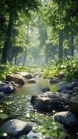 Peaceful stream flowing through a lush green forest photo