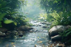 Calm stream flowing through a lush forest setting photo