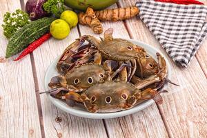 A plate of crabs on a table with other vegetables photo