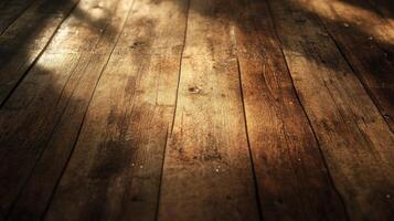 An old wooden floor with sunlight shining through it photo