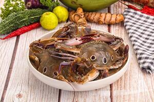 A bowl of crabs on a table with other vegetables photo
