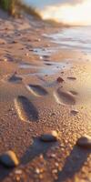 Footprints on a sandy beach at sunset glowing with colors photo