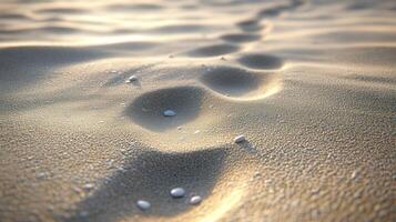 Footprints in soft sand along a tranquil beach at sunset photo