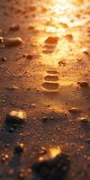Footprints on sandy shore at sunset create a tranquil scene photo