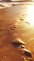 Footprints on a golden beach at sunset photo