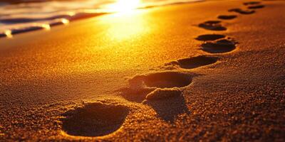 Footprints on the shore at sunset near the ocean photo