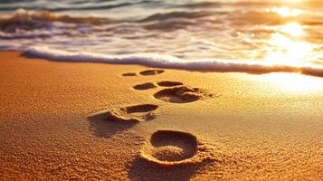 Footprints in the sand by the ocean at sunset photo