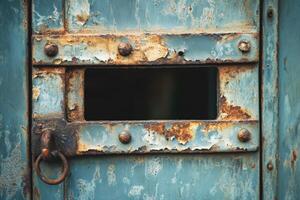 Rusty blue door with a rectangular opening reveals darkness photo