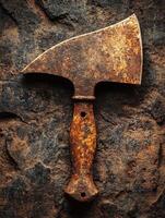 Vintage rusty hatchet resting on textured stone background photo