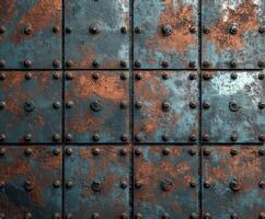 Rusty metal wall with rivets and aged texture photo