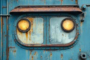 Rusty train door with vintage lights and weathered surface photo