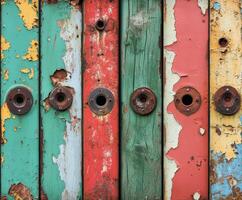 Colorful weathered wooden panels in urban setting photo