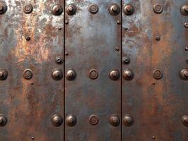 Close-up of rustic metal door with rivets and patina photo