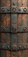 Rustic metal door with intricate design and weathered finish photo