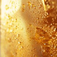 Golden liquid with bubbles in a close-up view photo