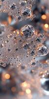 Bubbles forming in sparkling liquid with warm light reflections photo