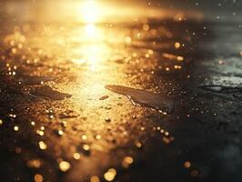 Golden reflections on wet ground after rain photo