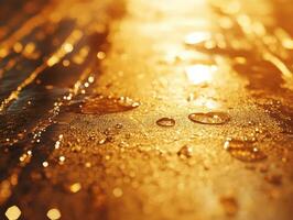 Reflections of water droplets on a golden surface at sunset photo