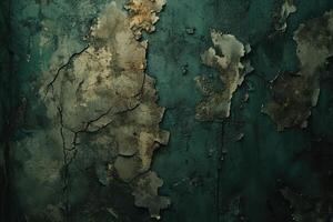 Old cracked wall with peeling paint in a dimly lit room photo