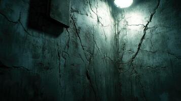 Dimly lit corner of an aged and cracked concrete wall photo