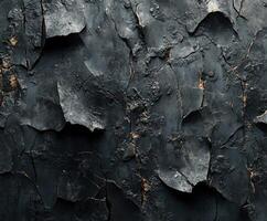Detailed texture of cracked black wall surface in close-up photo