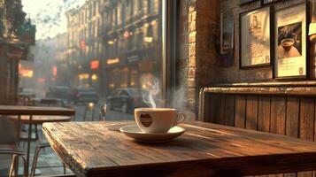 Coffee cup on wooden table in cafe with city view photo