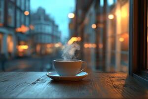 Warm cup of coffee on a cozy table by the window at dusk photo