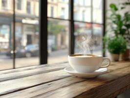 Morning coffee steaming on wooden table in cozy cafe photo