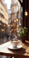 Warm coffee cup on a wooden table in a cozy cafe setting photo