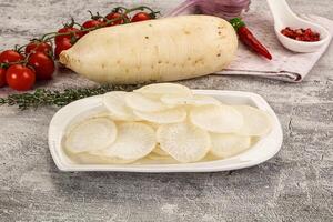 A white plate with potatoes and other vegetables photo