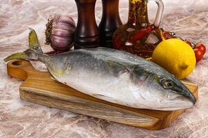 A fish on a cutting board with other ingredients photo