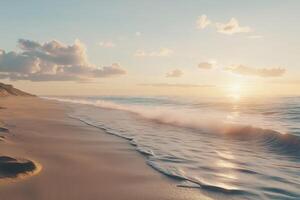 A beach with waves and sand at sunset photo