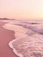 A pink sand beach with waves and a pink sky photo