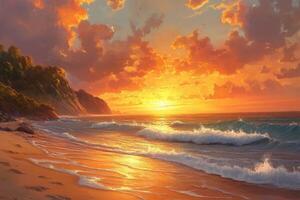 Sunset over a serene beach with gentle waves and clouds photo